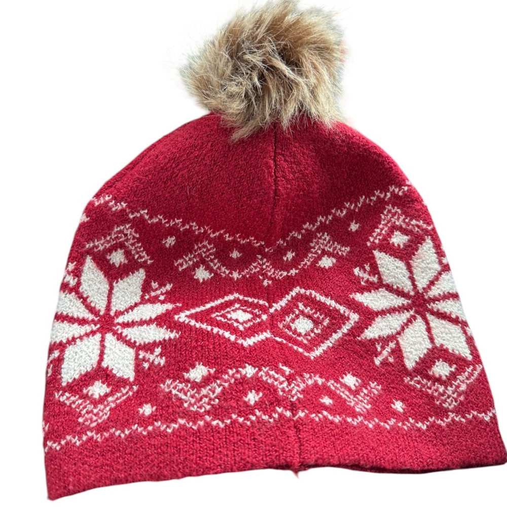 Christian Siriano Red Knit Beanie with Snowflake Pattern
